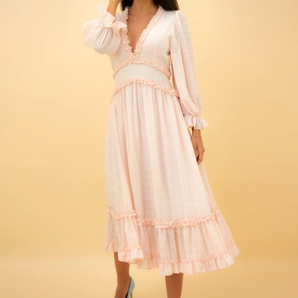 Elegant Beige  detailed V neck ruffle maxi dress. 
Open -Back.